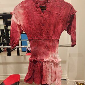 Aqua Red Mandarin Collar Smocked Dress